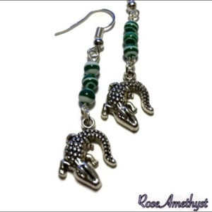 Malachite, stone of Diabetes, Alligator Earrings
